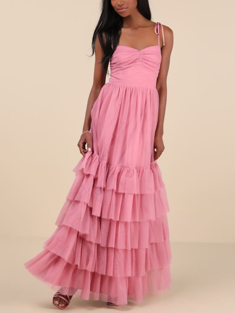 Lulus Endlessly Darling Dusty Rose Mesh Tiered Tie-Strap Maxi Dress Pink
